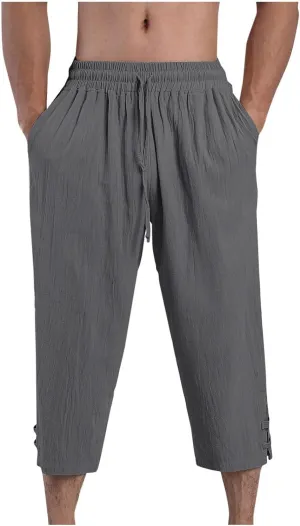 Men's Linen Pants Casual Pants Drawstring Beach Trousers Relaxed-Fit Yoga Pants Summer Elastic Waist Pants