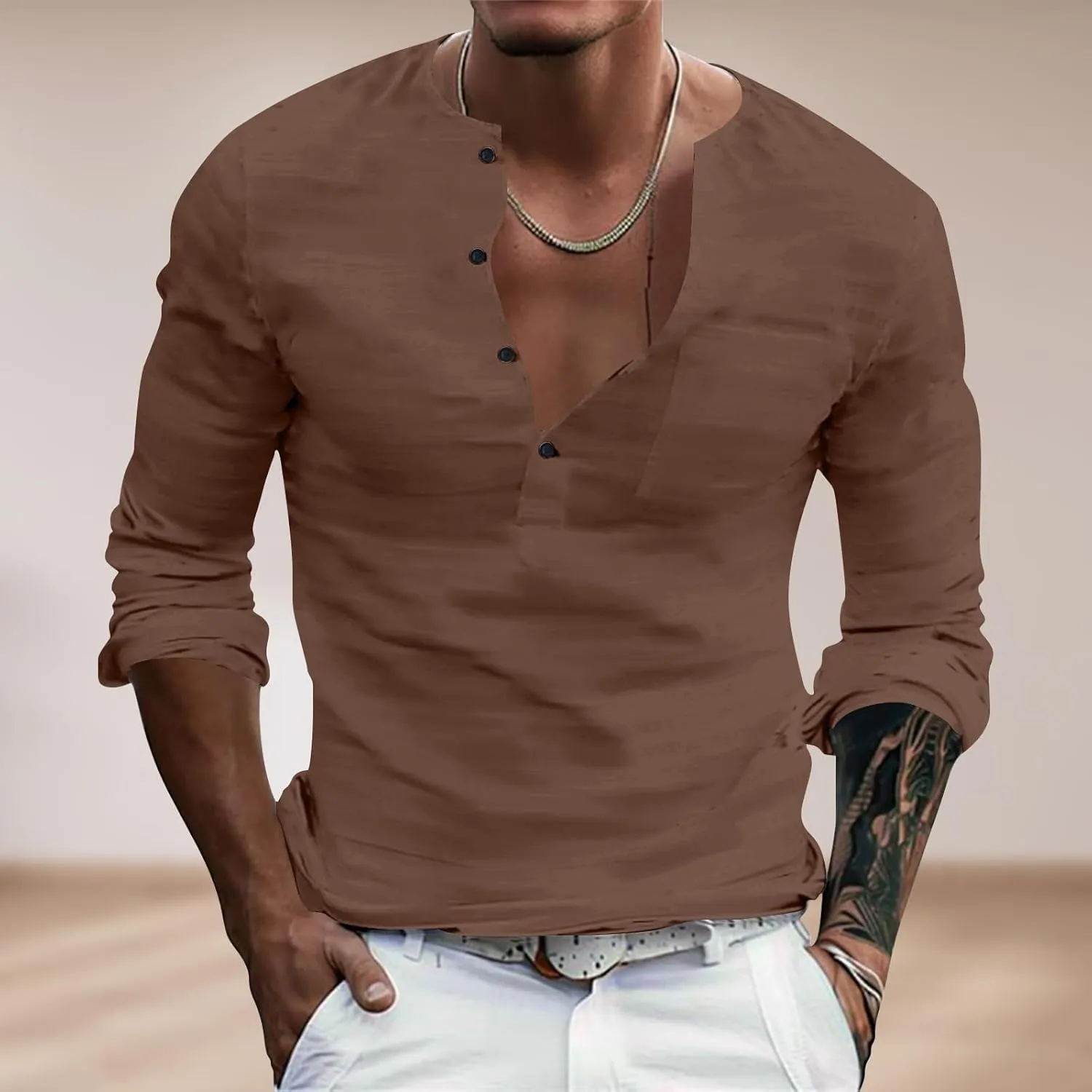 Mens Linen Shirts 3/4 Sleeve Casual V Neck Tropical Polo Shirt Lightweight Loose Tropical Hawaiian Beach Beach Top
