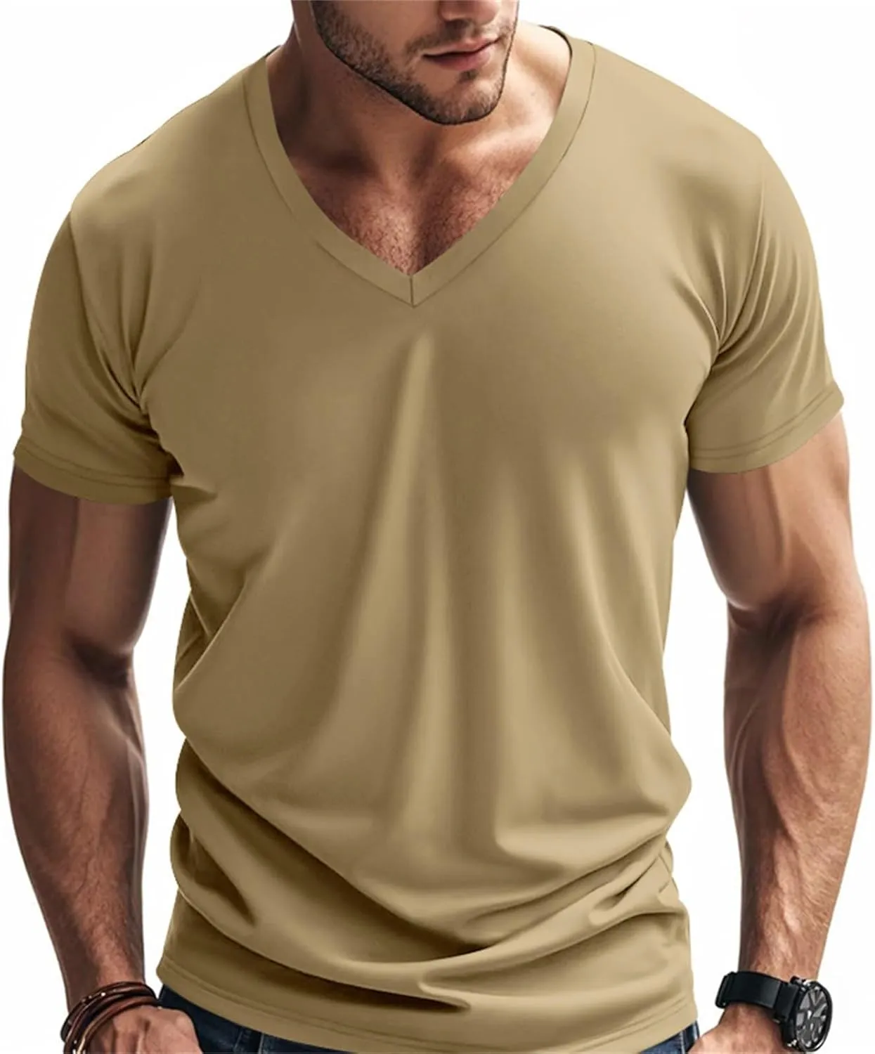 Mens Muscle Fitted T Shirts 2025 Stylish V Neck Longline Comfy Soft Shirt Stretch Short Sleeve Gym Workout Tops