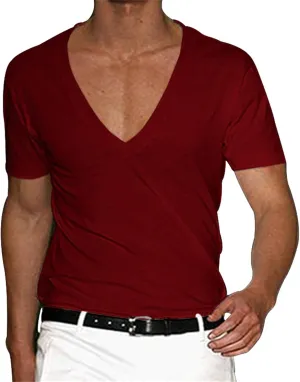 Mens Muscle T-Shirts Deep V Neck T Shirt Short Sleeve Workout T Shirts Gym Athletic Tee Shirts Bodybuilding T-Shirt