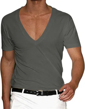 Mens Muscle T-Shirts Deep V Neck T Shirt Short Sleeve Workout T Shirts Gym Athletic Tee Shirts Bodybuilding T-Shirt