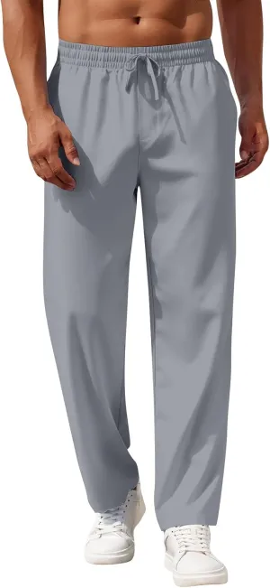 Mens Pants Casual Summer Lightweight Elastic Waist Linen Pants Baggy Business Work Pants with Pockets Trousers Pants
