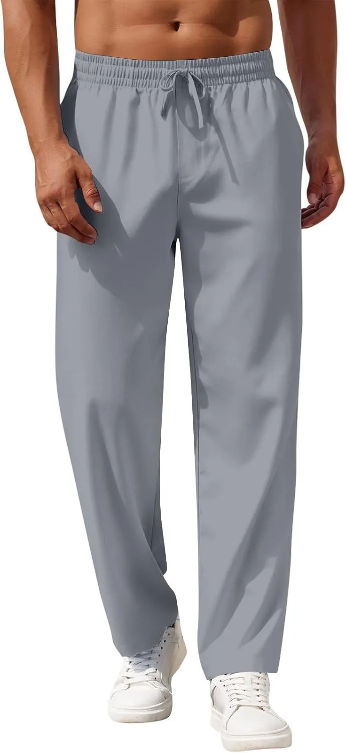Mens Pants Casual Summer Lightweight Elastic Waist Linen Pants Baggy Business Work Pants with Pockets Trousers Pants