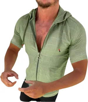 Mens Slim Fit Short Sleeve Hoodie - Summer Full Zip Swiss Dot Drawstring Hooded Cardigan Tops Casual Beach T Shirts