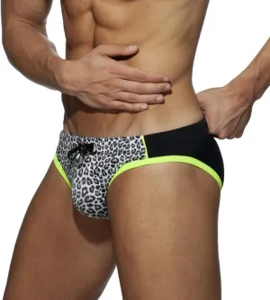 Men's Swim Briefs Low Rise Adjustable Drawstring Sexy Bikini Swimsuit Leopard Print Swim Trunks Underwear