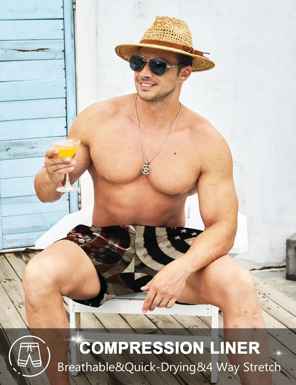 Men's Swim Trunk Retro 80s 90s Board Shorts with Mesh Lining Quick Dry Summer Swim Shorts