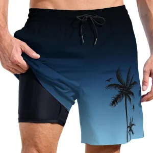 Mens Swim Trunks with Compression Liner Quick Dry Tropical Printed Bathing Suit Summer Beach Swimming Shorts Pockets