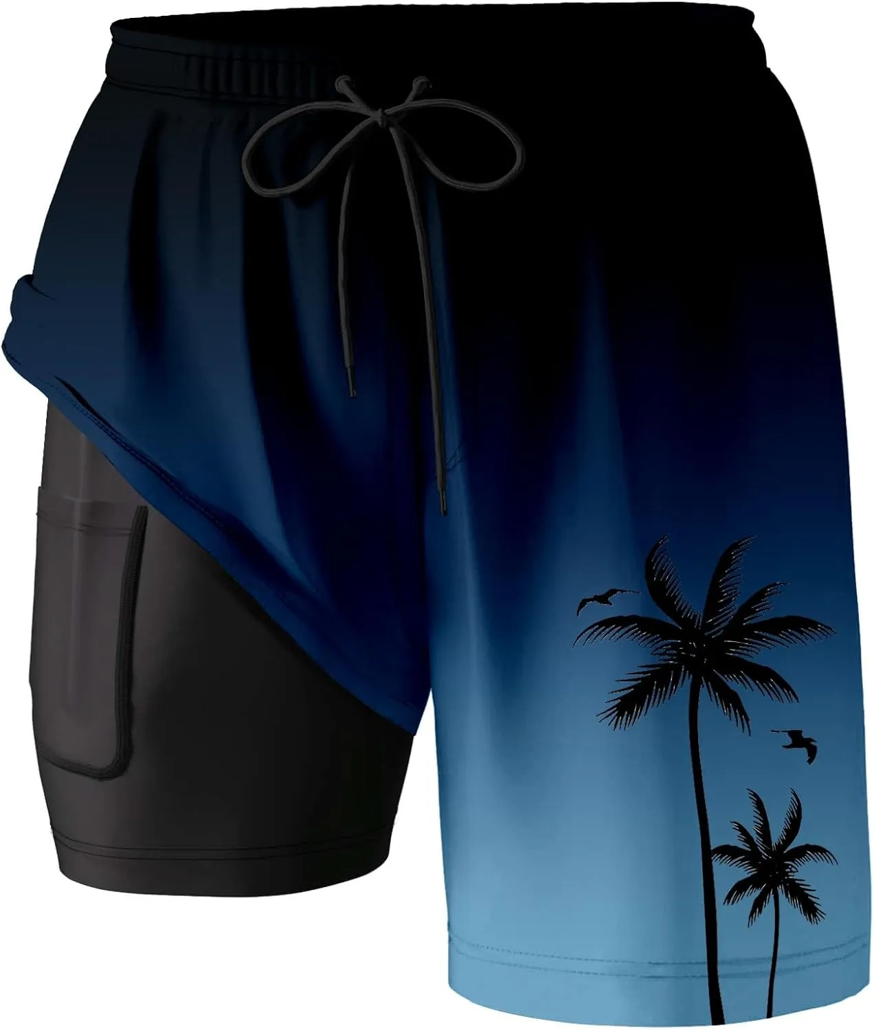 Mens Swim Trunks with Compression Liner Quick Dry Tropical Printed Bathing Suit Summer Beach Swimming Shorts Pockets