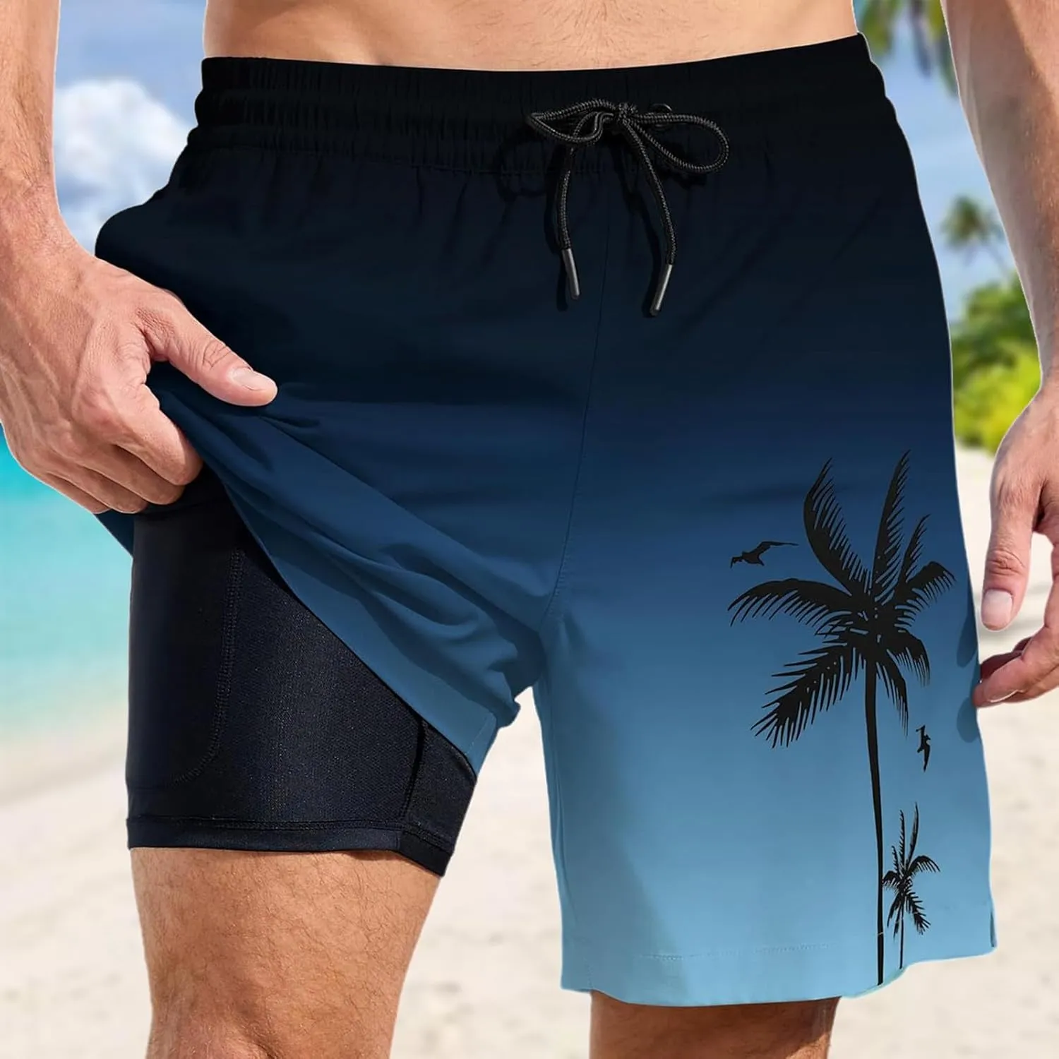 Mens Swim Trunks with Compression Liner Quick Dry Tropical Printed Bathing Suit Summer Beach Swimming Shorts Pockets