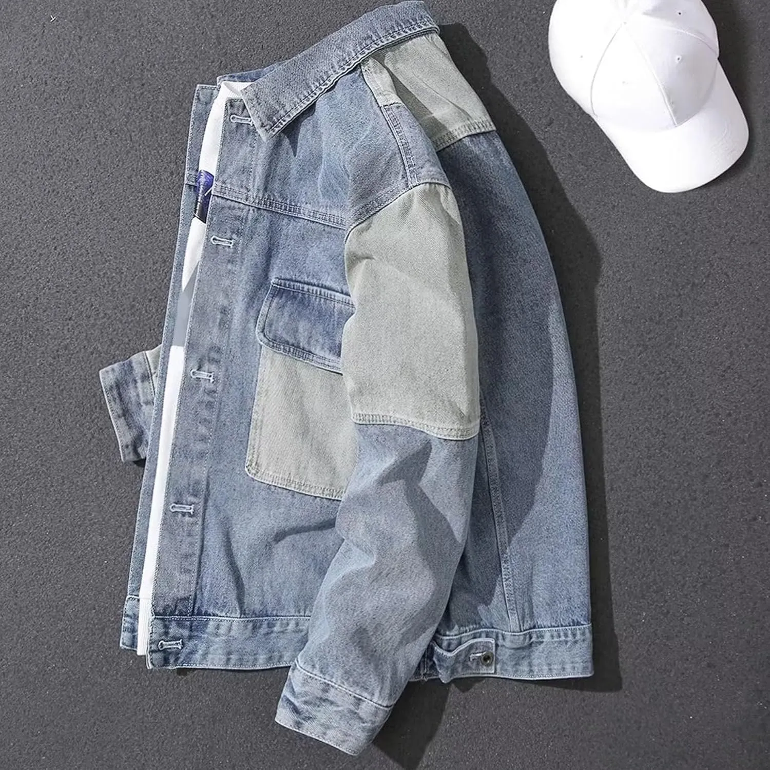 Mens Trendy Patchwork Lapel Denim Jacket Spliced Ripped Denim Coat Pocket Colorblock Cowboy Outerwear