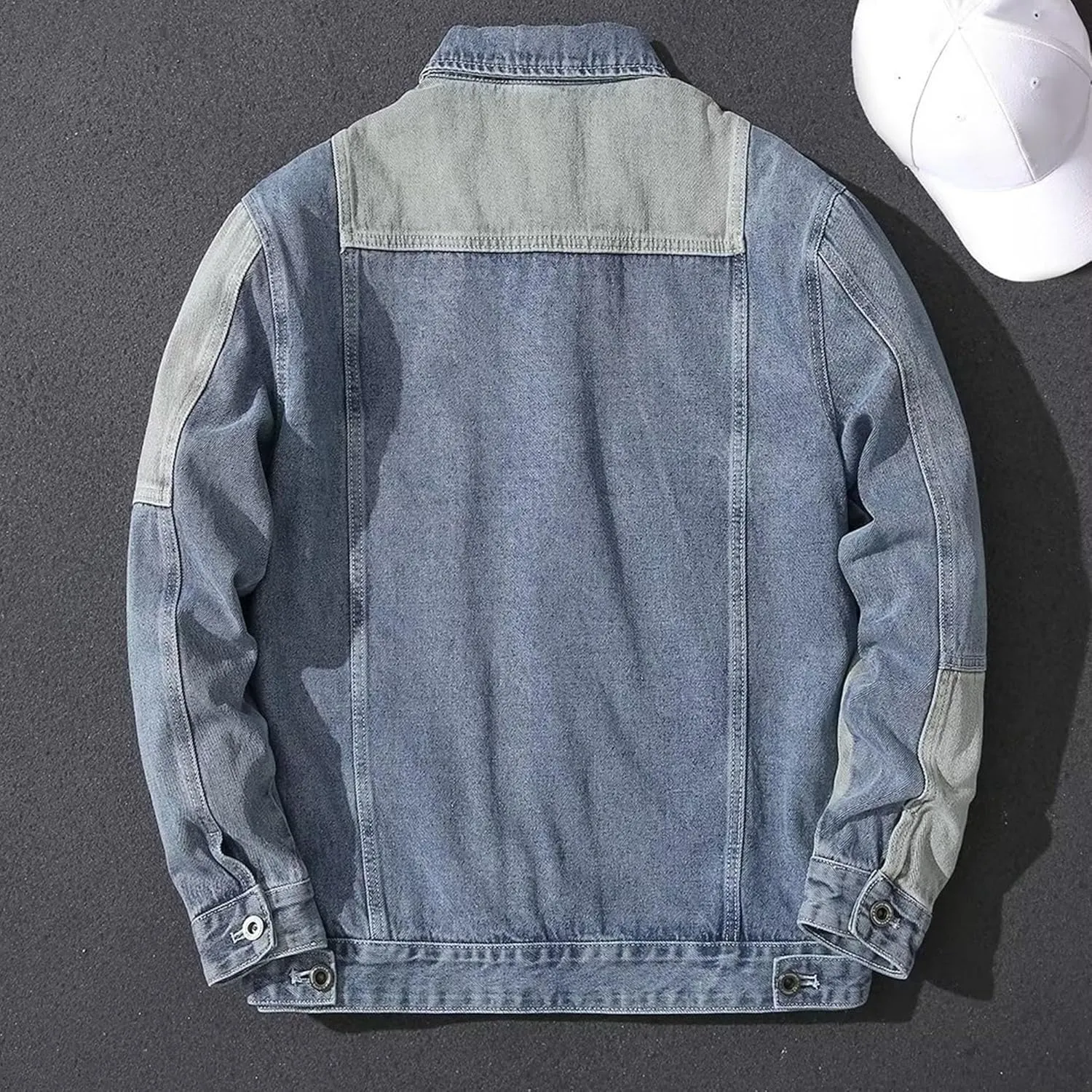 Mens Trendy Patchwork Lapel Denim Jacket Spliced Ripped Denim Coat Pocket Colorblock Cowboy Outerwear