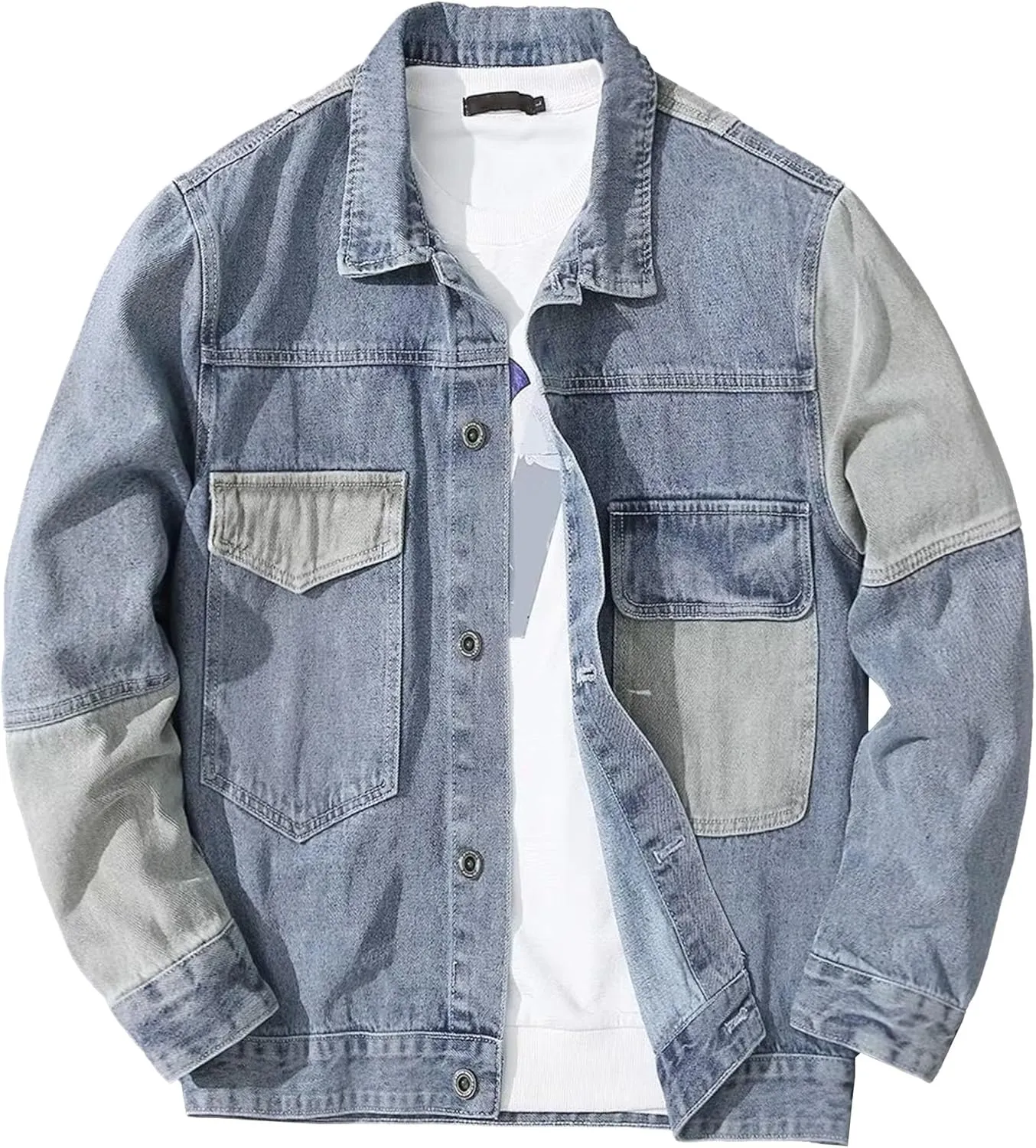 Mens Trendy Patchwork Lapel Denim Jacket Spliced Ripped Denim Coat Pocket Colorblock Cowboy Outerwear