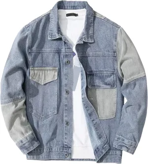 Mens Trendy Patchwork Lapel Denim Jacket Spliced Ripped Denim Coat Pocket Colorblock Cowboy Outerwear