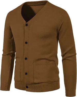 Men's V Neck Knit Cardigan Solid Color Sweater Casual Lightweight Button Down Knitted Sweater Tops