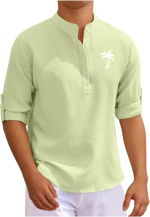 Men's Waffle Henley Shirt Trendy 3/4 Sleeve Camp Collar Dress Formal T-Shirts Hipster Summer Palm Beach Hippie Shirts