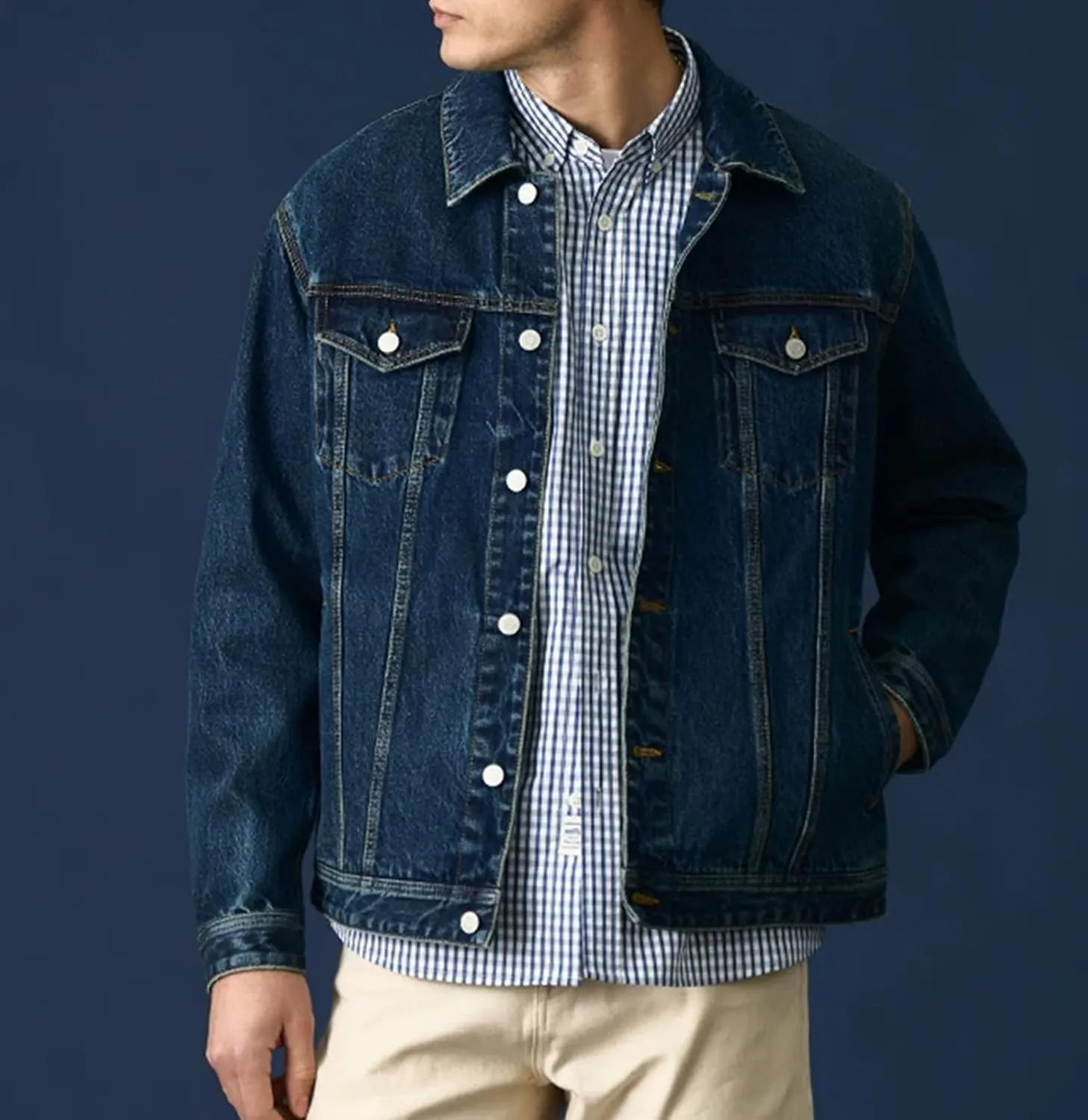 Men's Washed Vintage Raw Denim Trucker Jacket Casual Single Breasted Denim Jacket