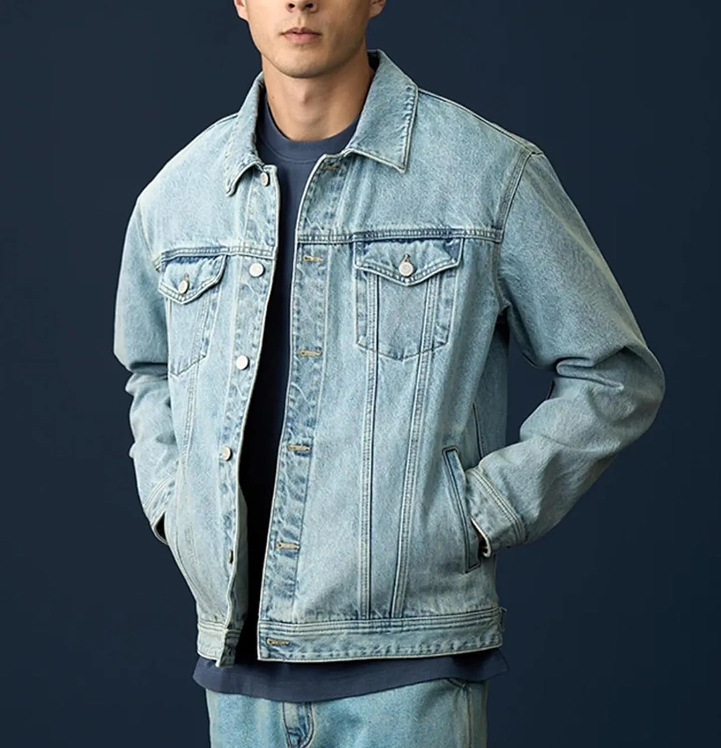 Men's Washed Vintage Raw Denim Trucker Jacket Casual Single Breasted Denim Jacket