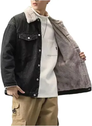 Men's Winter Fleece Lined Denim Jacket Classic Lapel Button Down Cotton Denim Trucker Coats