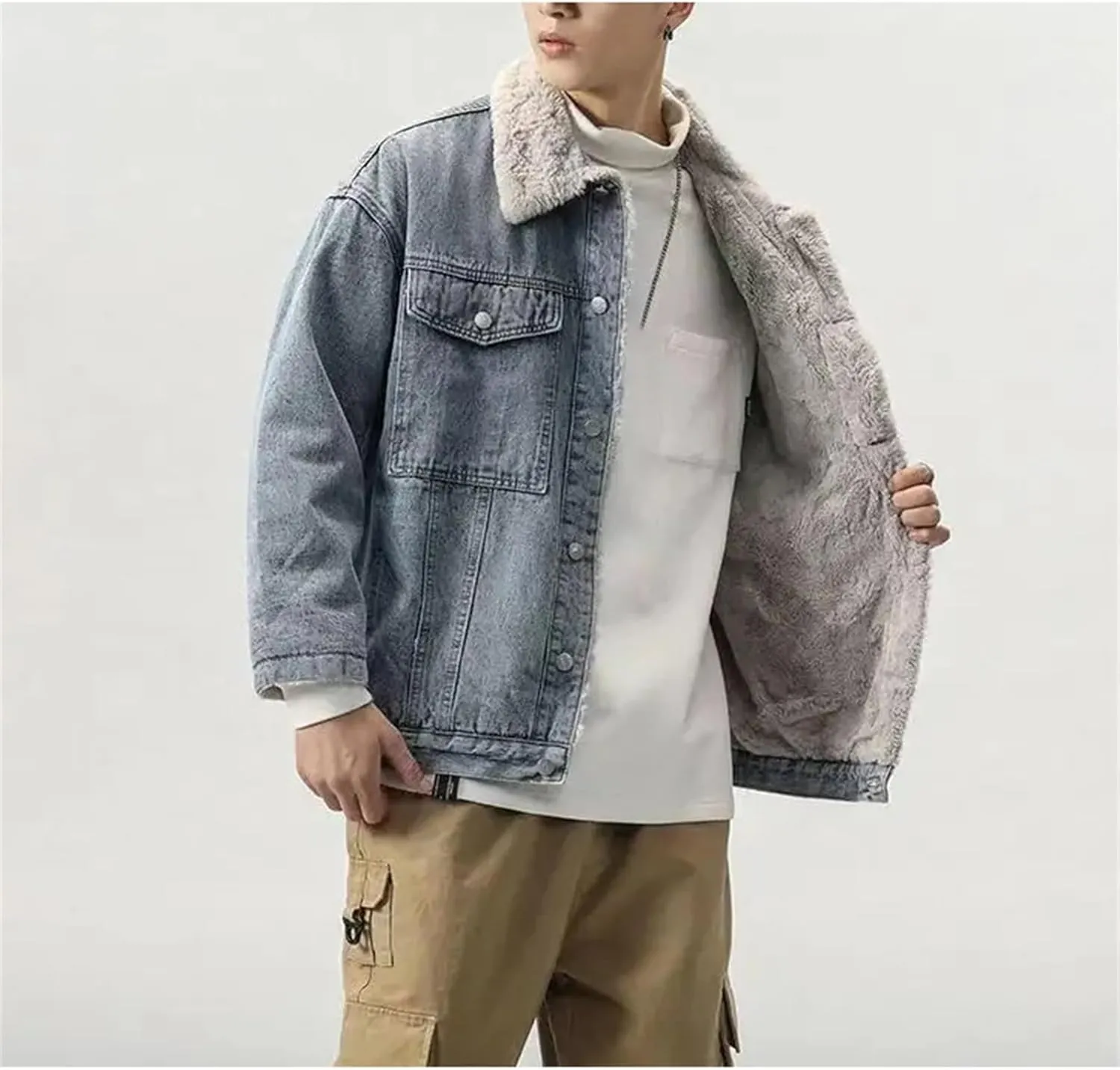 Men's Winter Fleece Lined Denim Jacket Classic Lapel Button Down Cotton Denim Trucker Coats