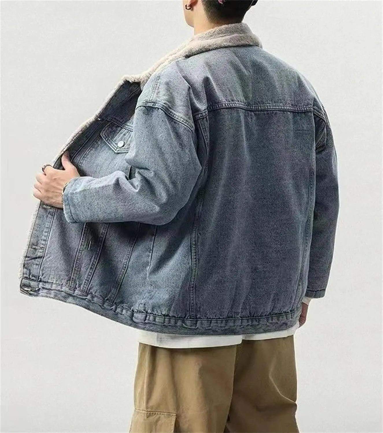 Men's Winter Fleece Lined Denim Jacket Classic Lapel Button Down Cotton Denim Trucker Coats