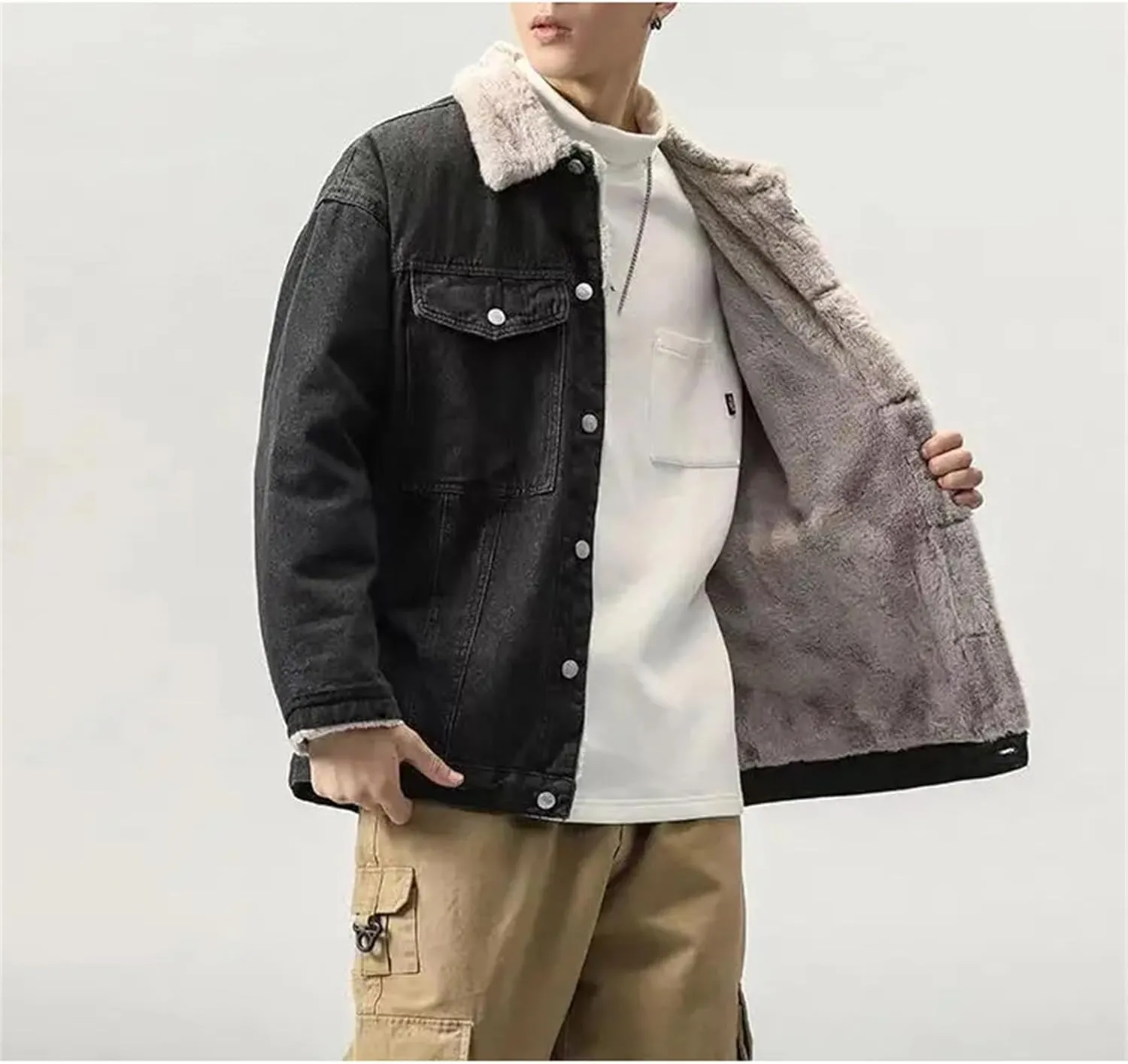 Men's Winter Fleece Lined Denim Jacket Classic Lapel Button Down Cotton Denim Trucker Coats