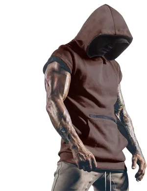 Men's Workout Hooded Tank Tops Sleeveless Gym Hoodies Bodybuilding Muscle Cut Off T Shirt Athletic Tees with Pockets
