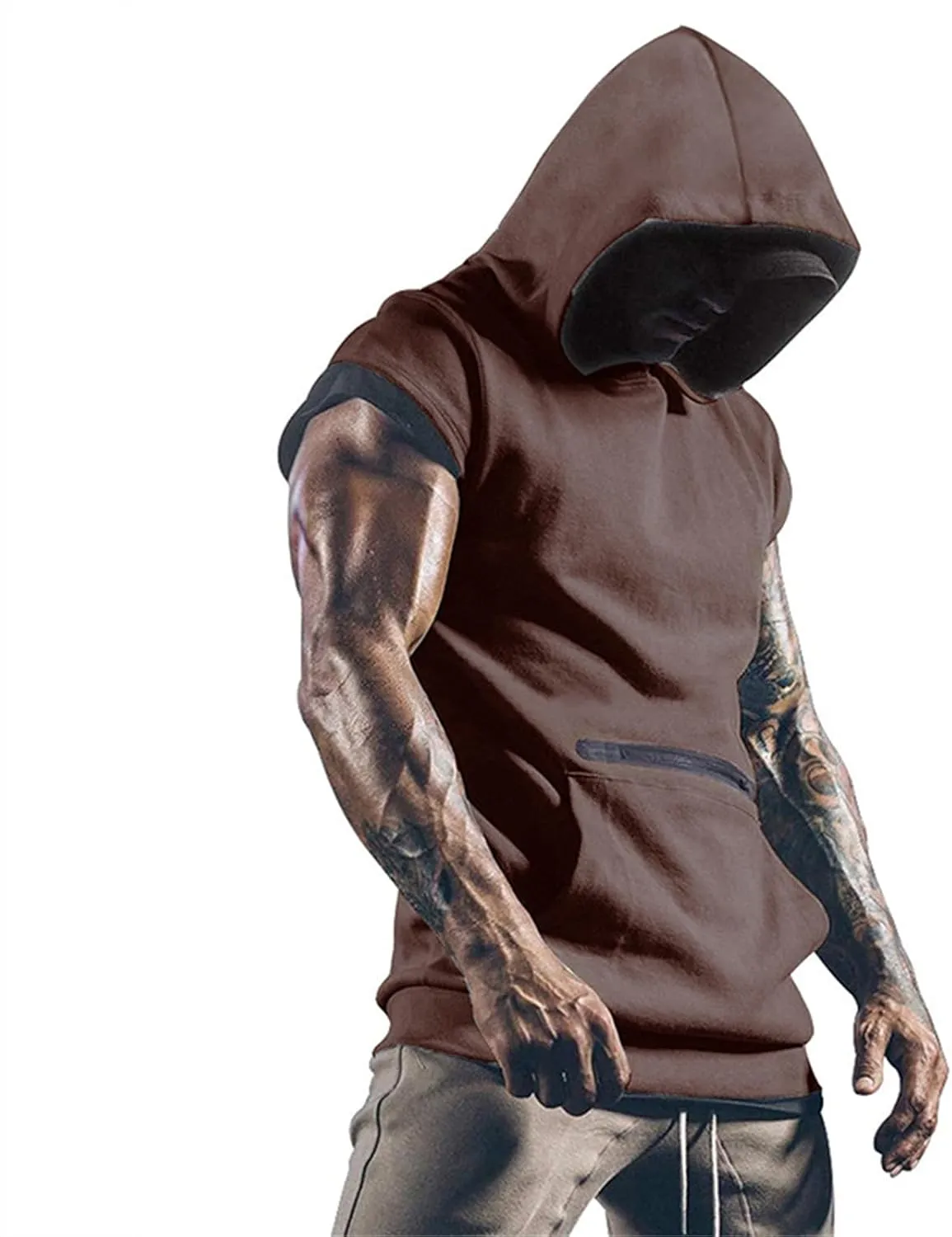 Men's Workout Hooded Tank Tops Sleeveless Gym Hoodies Bodybuilding Muscle Cut Off T Shirt Athletic Tees with Pockets