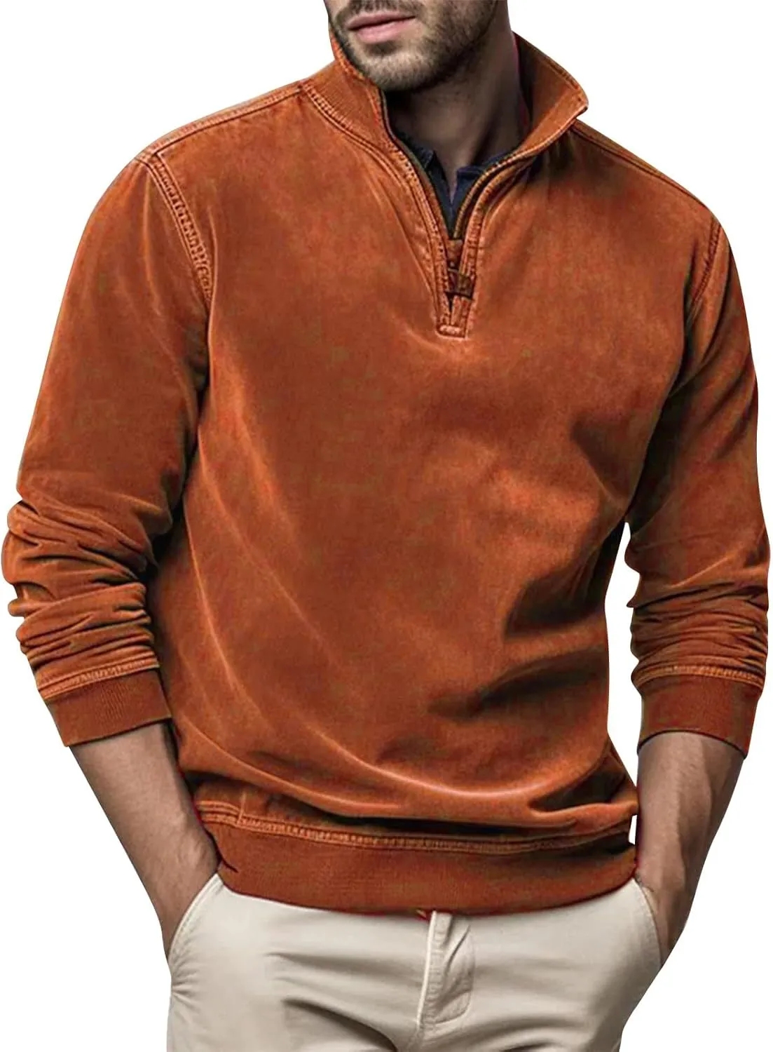 Men's Zip Collar Sweater Activewear Solid Vintage Jackets Long Sleeve Comfort Warm Sweatshirts with Elbow Patches