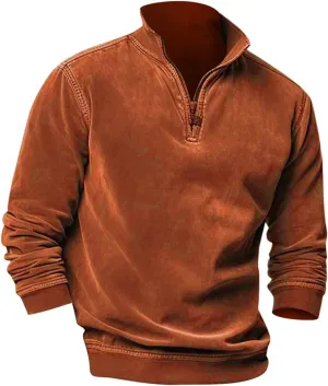 Men's Zip Collar Sweater Activewear Solid Vintage Jackets Long Sleeve Comfort Warm Sweatshirts with Elbow Patches