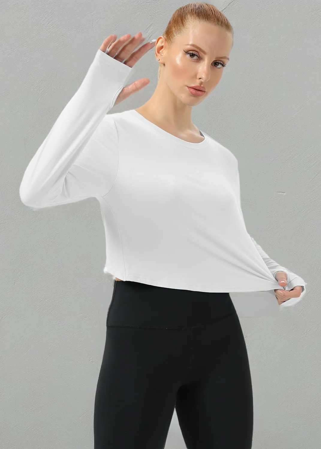 Mippo Cropped Long Sleeve Tops Workout Athletic Yoga Gym Crop Tops for Women Loose Fit