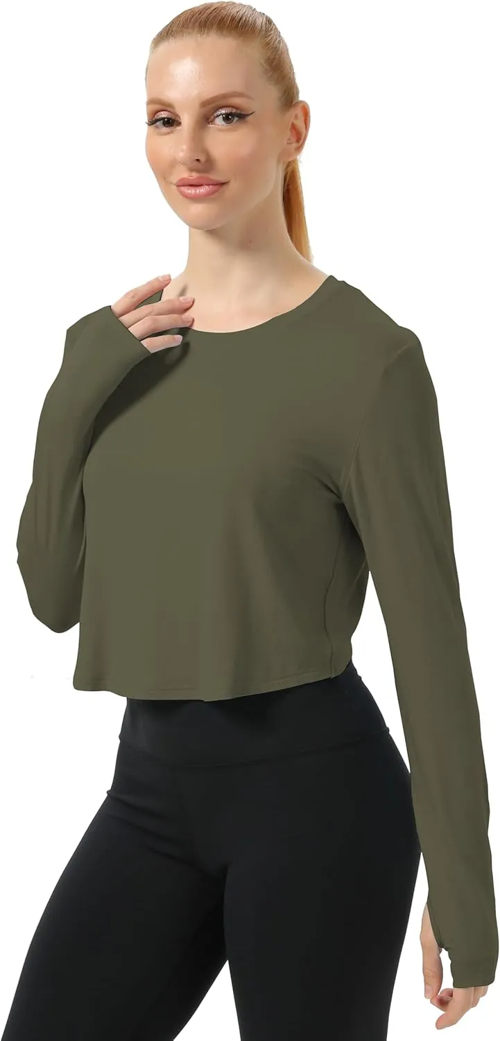 Mippo Cropped Long Sleeve Tops Workout Athletic Yoga Gym Crop Tops for Women Loose Fit