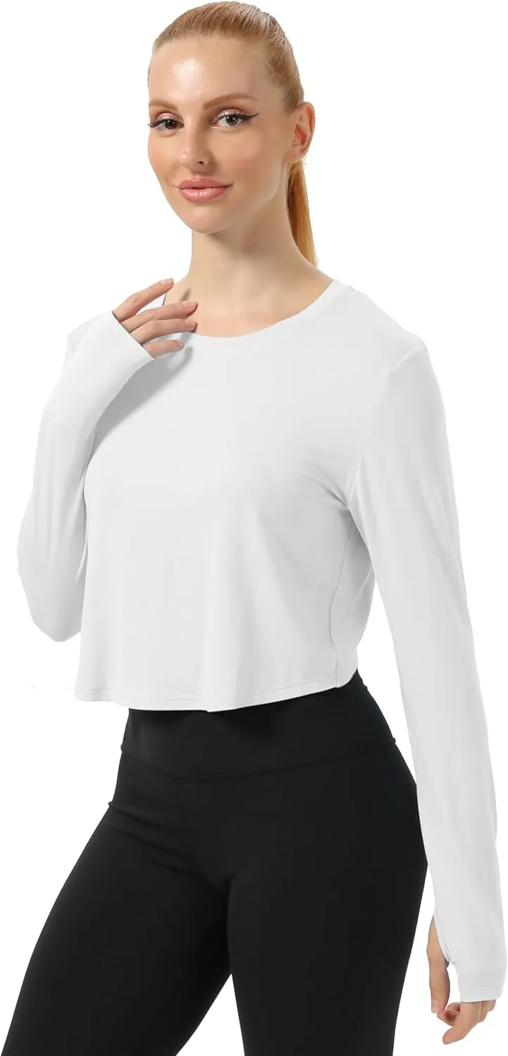 Mippo Cropped Long Sleeve Tops Workout Athletic Yoga Gym Crop Tops for Women Loose Fit