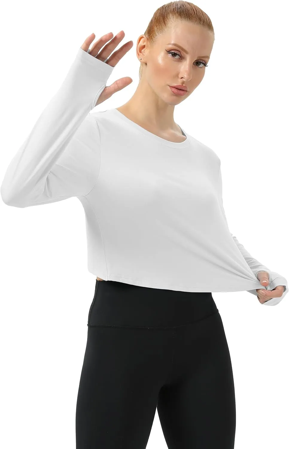 Mippo Cropped Long Sleeve Tops Workout Athletic Yoga Gym Crop Tops for Women Loose Fit