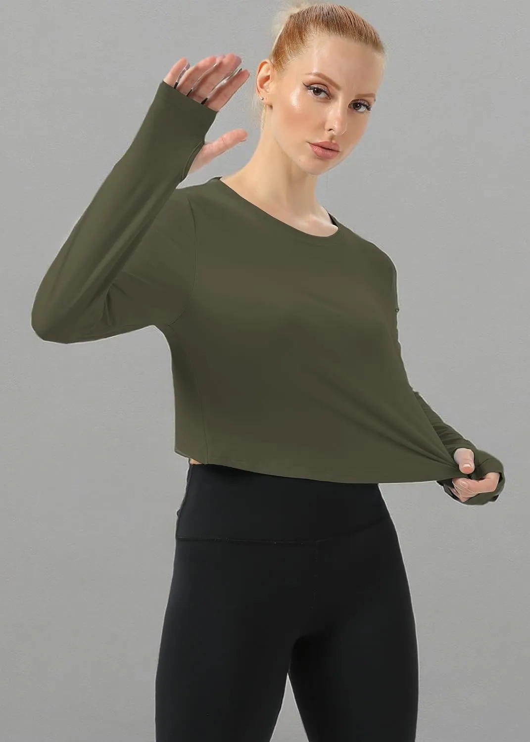 Mippo Cropped Long Sleeve Tops Workout Athletic Yoga Gym Crop Tops for Women Loose Fit
