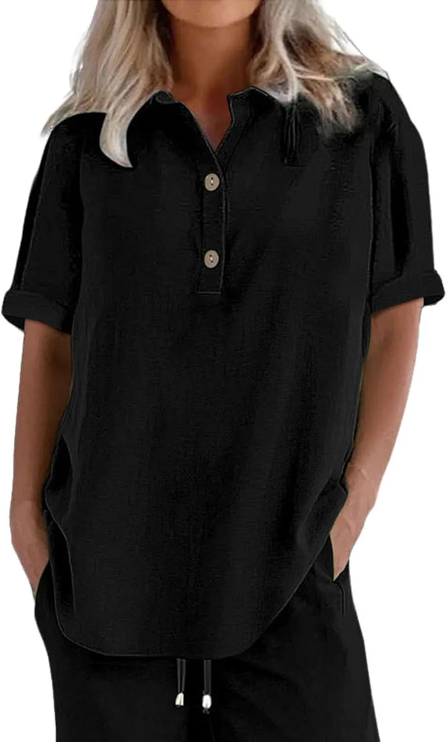 Miyaomn Women's Linen Tops Plus Size Summer Casual V Neck Blouses Short Sleeve Button Down Shirts 2025 Trendy Clothes Outfits