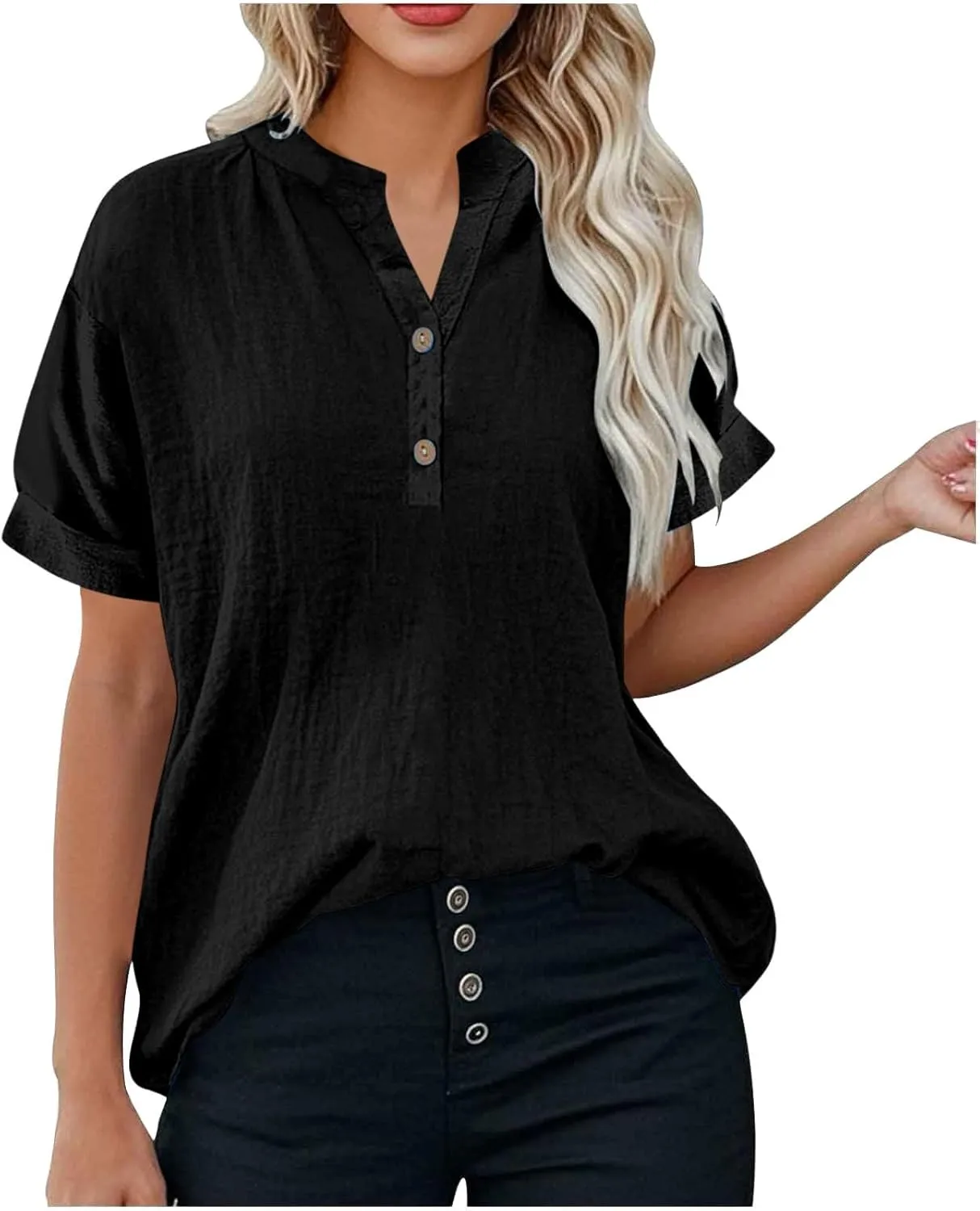 Miyaomn Women's Linen Tops Plus Size Summer Casual V Neck Blouses Short Sleeve Button Down Shirts 2025 Trendy Clothes Outfits