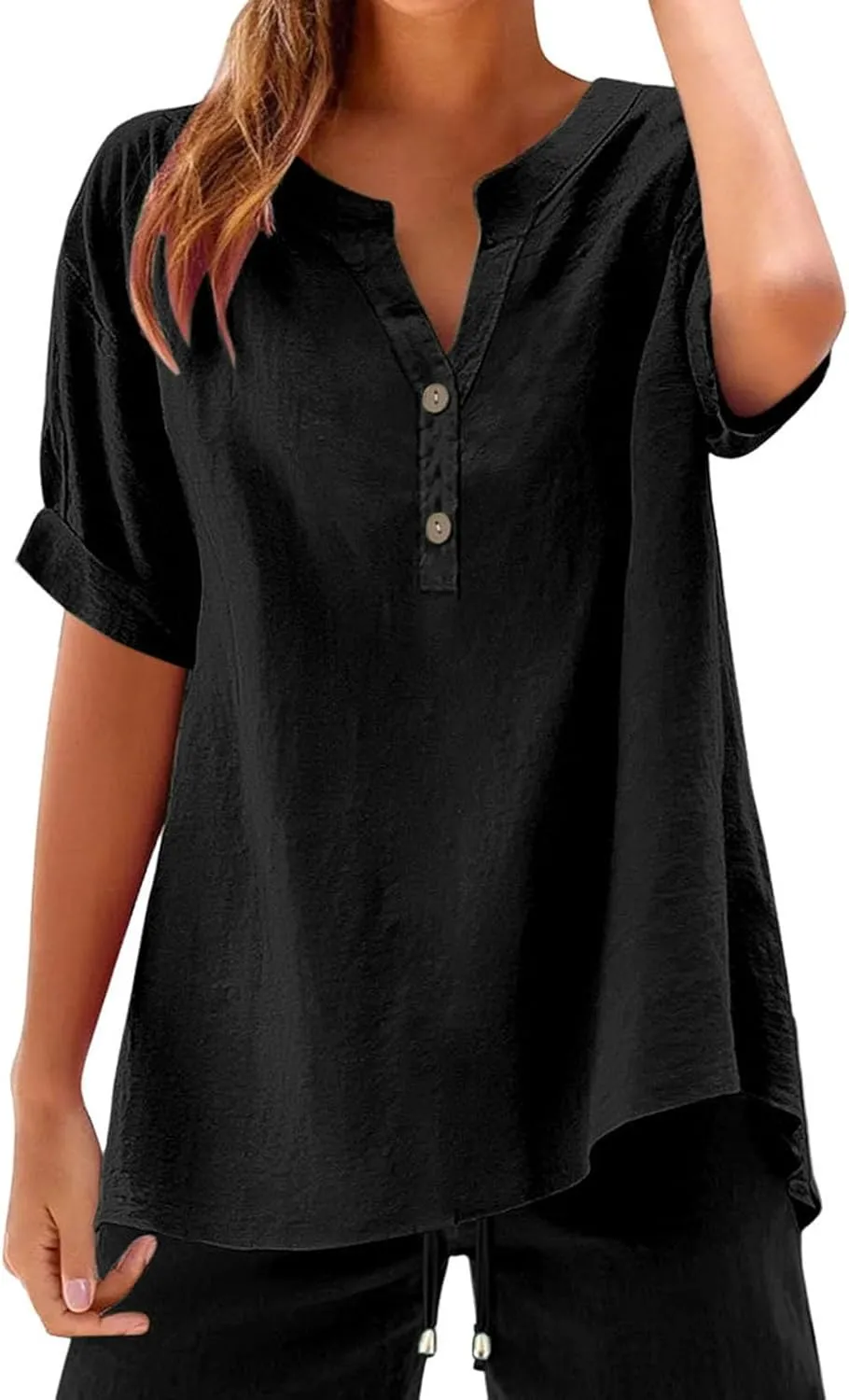 Miyaomn Women's Linen Tops Plus Size Summer Casual V Neck Blouses Short Sleeve Button Down Shirts 2025 Trendy Clothes Outfits