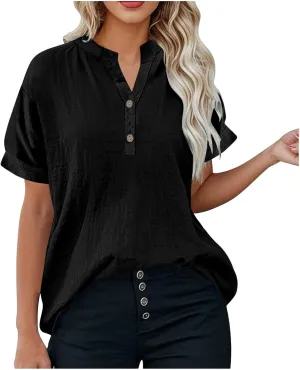 Miyaomn Women's Linen Tops Plus Size Summer Casual V Neck Blouses Short Sleeve Button Down Shirts 2025 Trendy Clothes Outfits