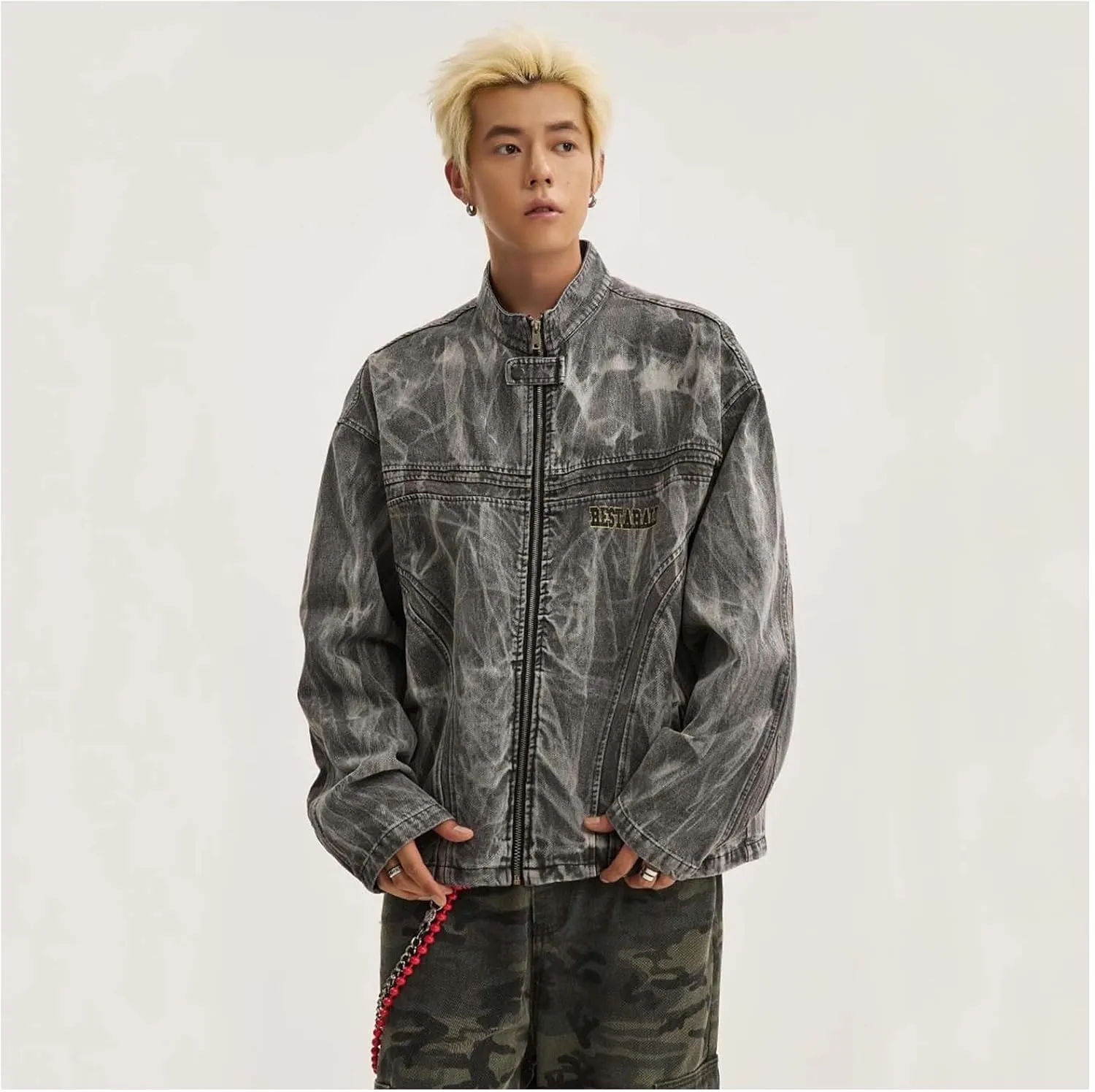 MLAFE Mens Denim Jacket, Distressed Loose Denim Jacket, Harajuku Stand-Up Collar Washed Denim Trucker Biker Jacket Coat