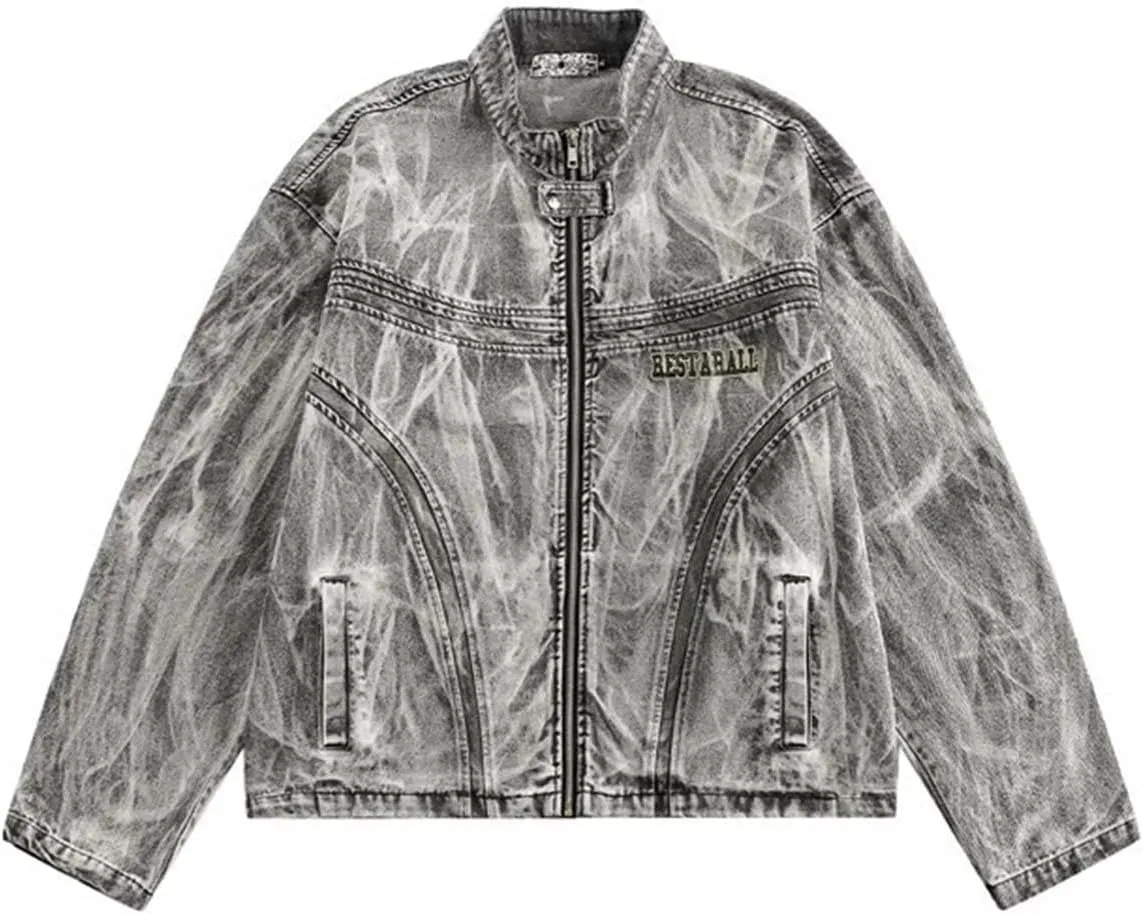 MLAFE Mens Denim Jacket, Distressed Loose Denim Jacket, Harajuku Stand-Up Collar Washed Denim Trucker Biker Jacket Coat
