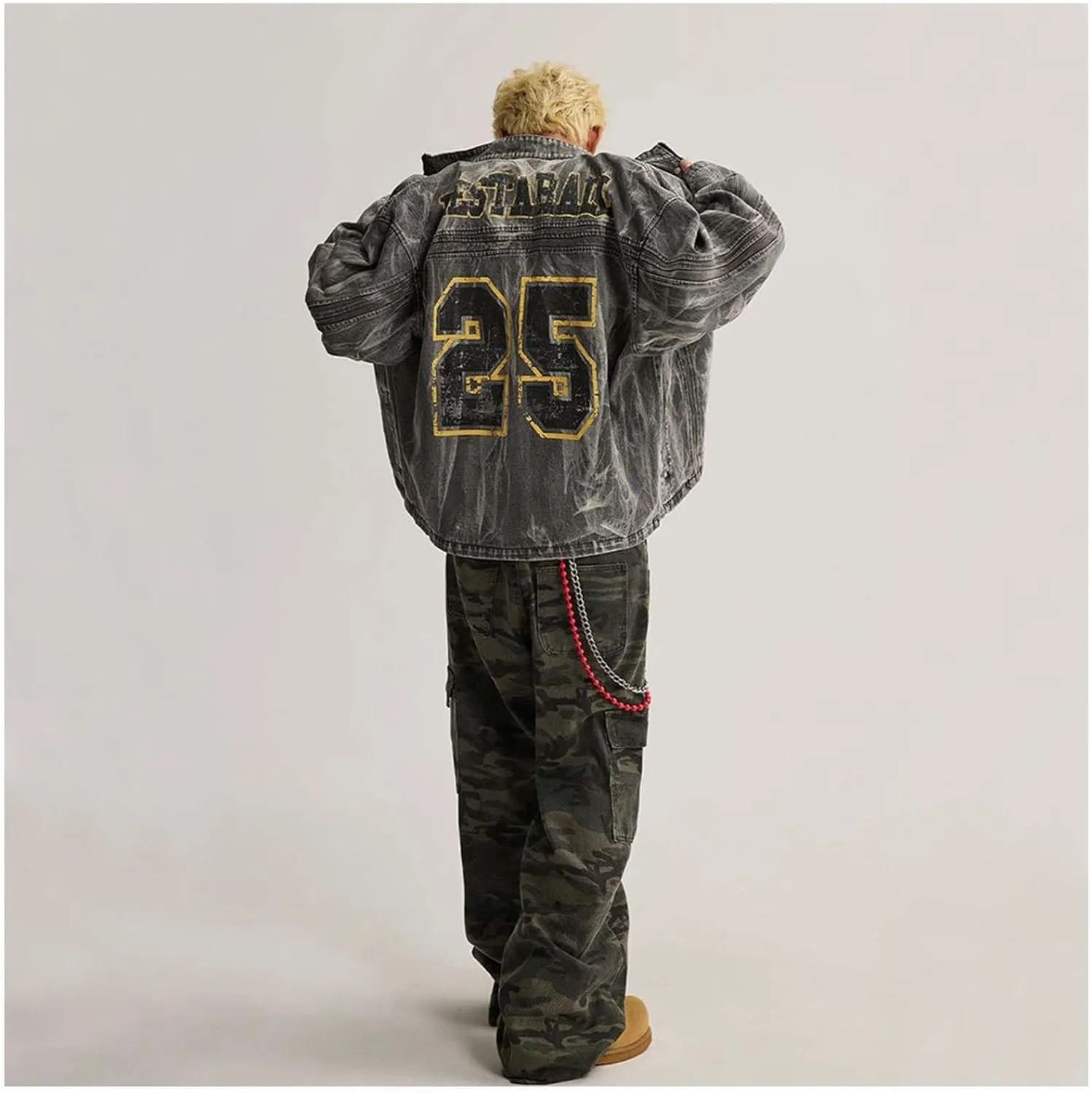 MLAFE Mens Denim Jacket, Distressed Loose Denim Jacket, Harajuku Stand-Up Collar Washed Denim Trucker Biker Jacket Coat