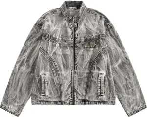 MLAFE Mens Denim Jacket, Distressed Loose Denim Jacket, Harajuku Stand-Up Collar Washed Denim Trucker Biker Jacket Coat