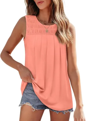 OFEEFAN Womens Tank Tops Summer Pleated Crew Neck Sleeveless Tops for Women Ruched Loose