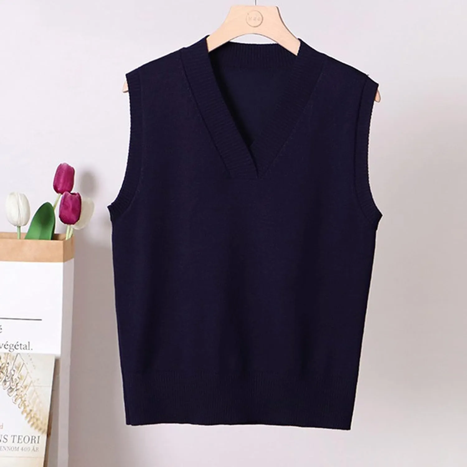 Oversized Sweater Vest for Women School Uniform Sleeveless V Neck Pullover Knitwear Tops Solid Tunic Tank Tops