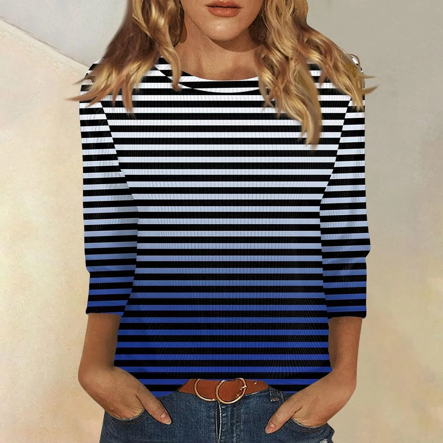 Oversized Sweaters for Women 3/4 Length Sleeve Tops Crewneck Blouses Dressy Casual Knit Tops