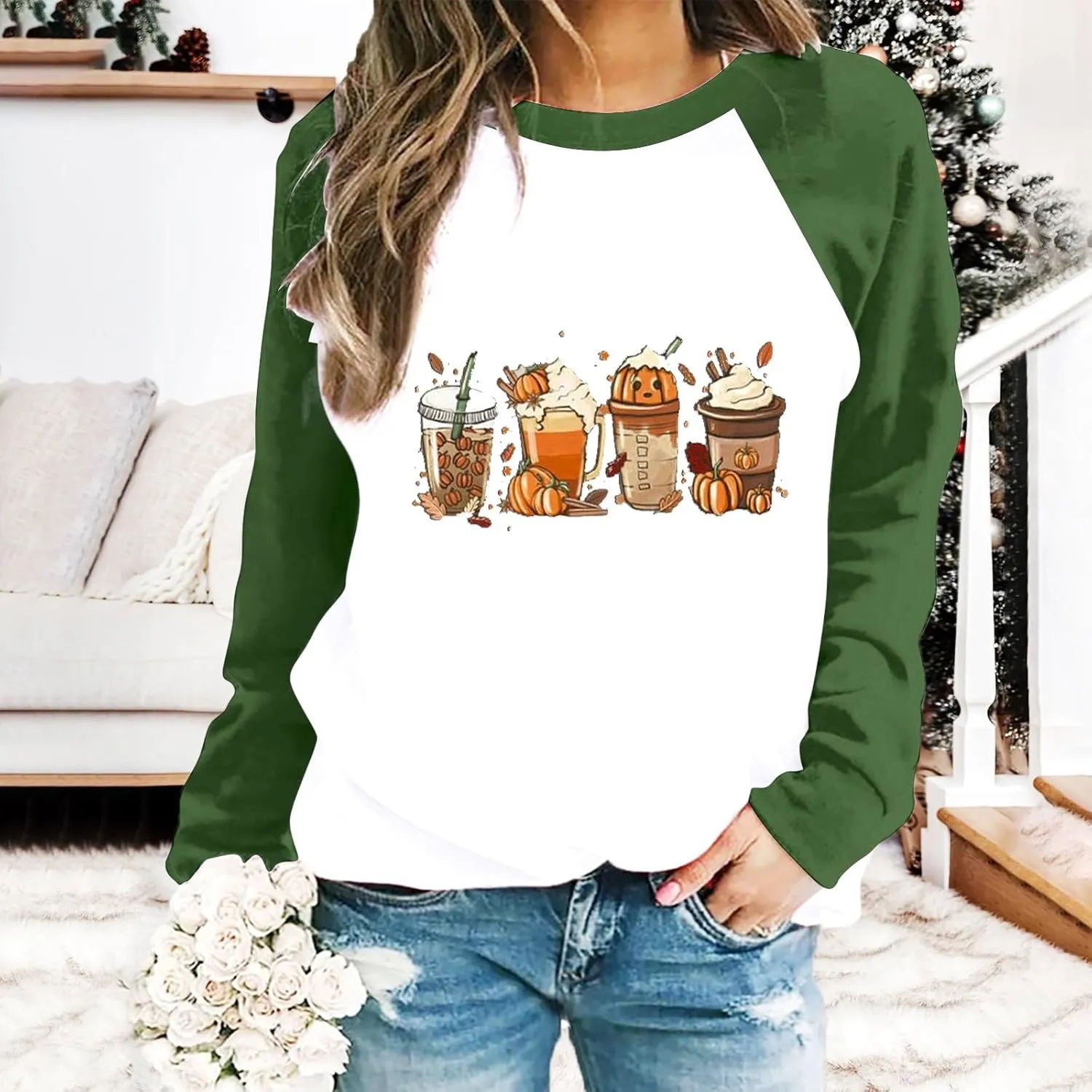 Oversized Sweatshirt for Women Halloween Graphic Cute T Shirts Long Sleeve Crew Neck Color Block Loose Casual Tops