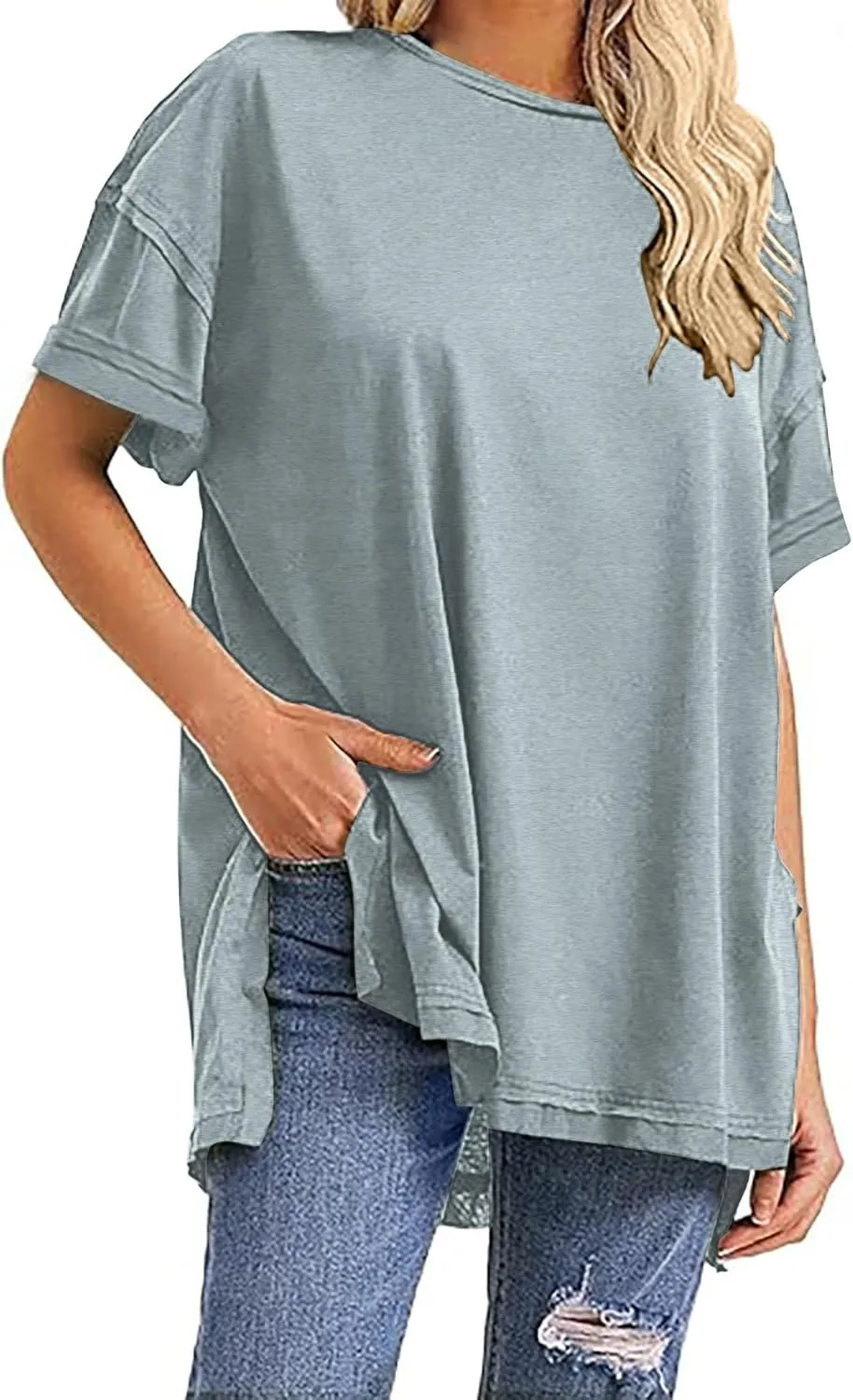 Oversized Tshirts for Women Patchwork Side Slit Summer Tops Casual Crewneck Short Sleeve Shirts Loose Fit Blouses