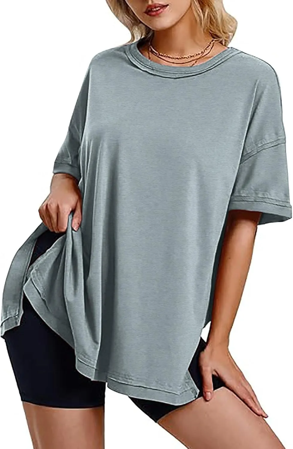 Oversized Tshirts for Women Patchwork Side Slit Summer Tops Casual Crewneck Short Sleeve Shirts Loose Fit Blouses