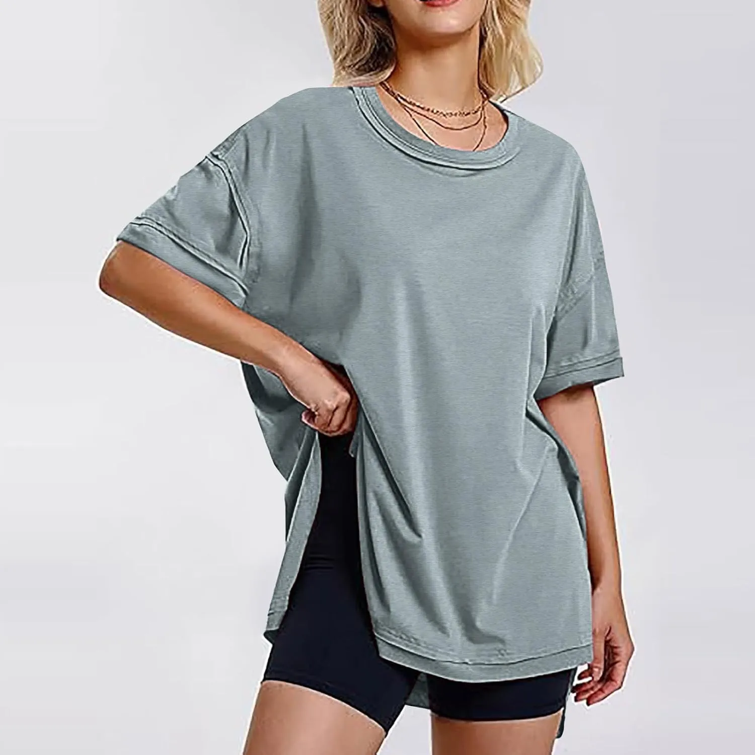 Oversized Tshirts for Women Patchwork Side Slit Summer Tops Casual Crewneck Short Sleeve Shirts Loose Fit Blouses