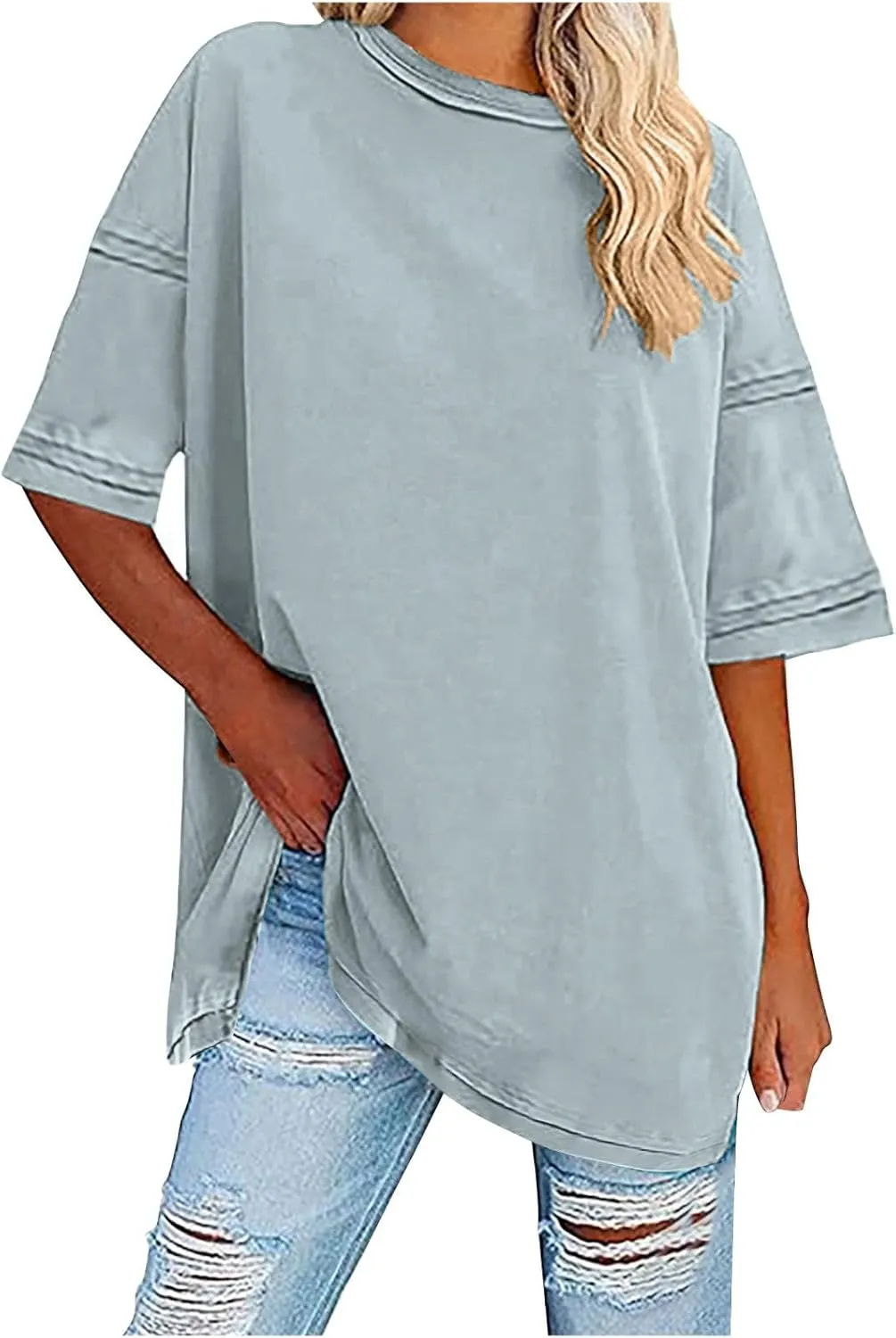 Oversized Tshirts for Women Patchwork Side Slit Summer Tops Casual Crewneck Short Sleeve Shirts Loose Fit Blouses